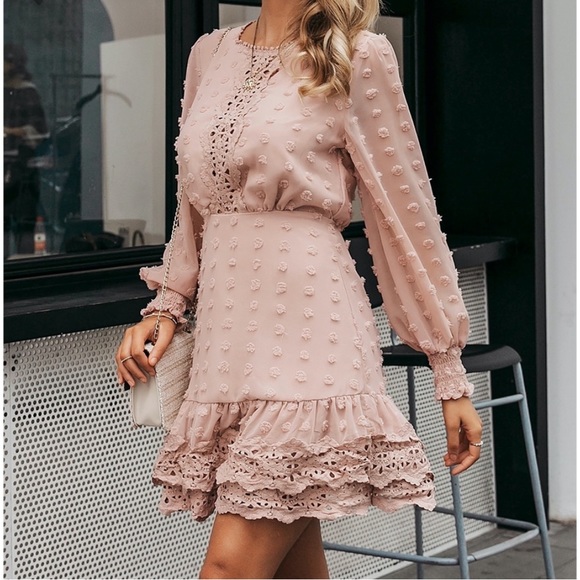 🌴HP🌴 Simplee Vintage Dusty Pink Swiss Dots Guipure Lace Dress - Picture 11 of 12